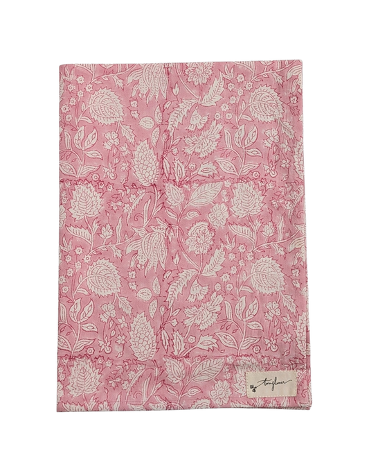 Pink Floral Block Printed Cotton Tea Towel - Precious Sparkle