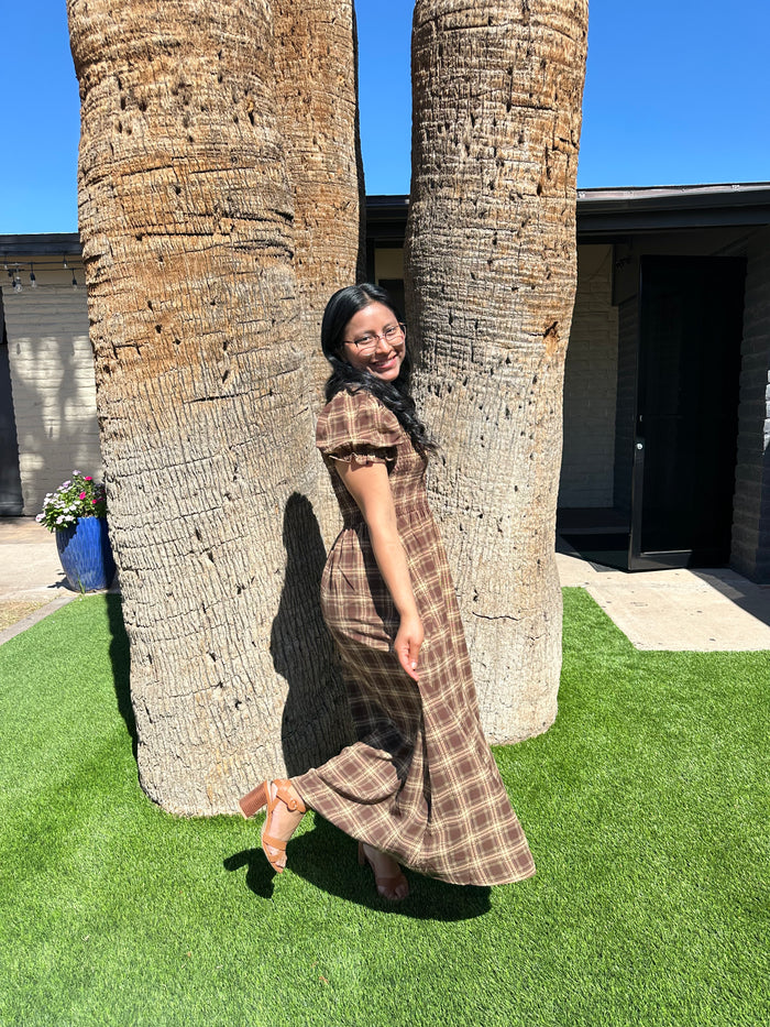 Plaid Round Neck Puff Sleeve Smocked Midi Dress