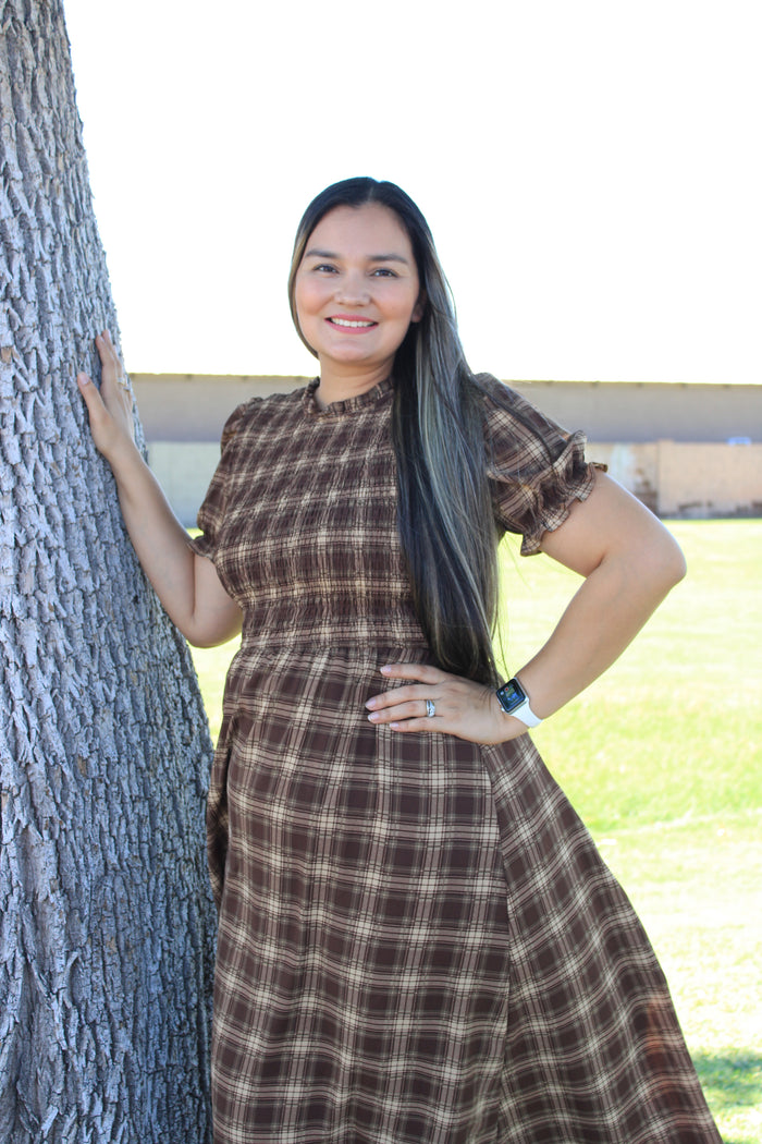 Plaid Round Neck Puff Sleeve Smocked Midi Dress