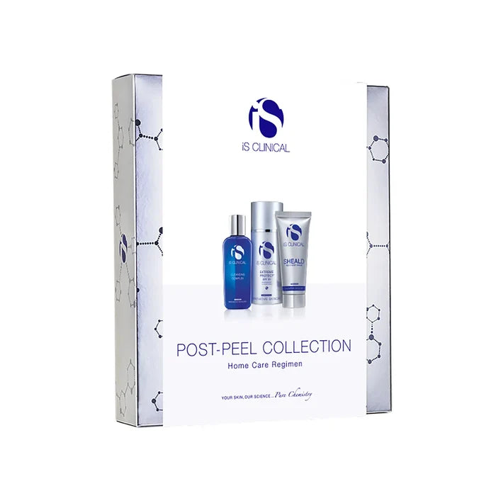 iS Clinical Post-Peel Collection box showing three products: Olemand Cleanser, Extreme Protect SPF 30, and Sheald Recovery Balm