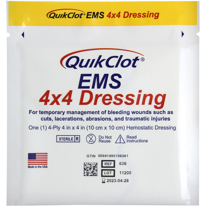 QuikClot EMS 4 x 4 Dressing, front of packaging