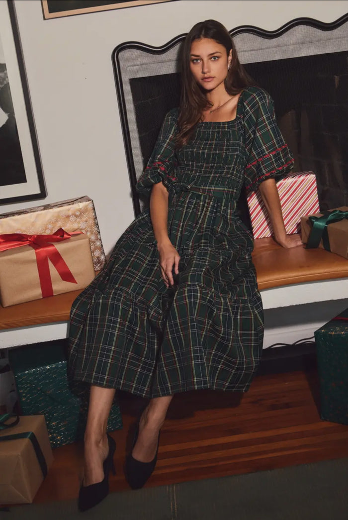 Rachel Smocked Plaid Midi Dress