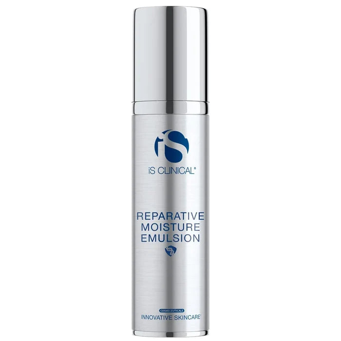 Silver cylindrical bottle with shiny cap labelled iS Clinical Reparative Moisture Emulsion on white background