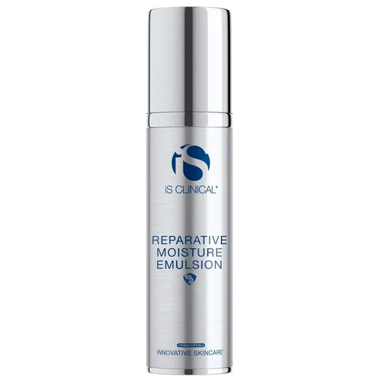 Silver cylindrical bottle with shiny cap labelled iS Clinical Reparative Moisture Emulsion on white background