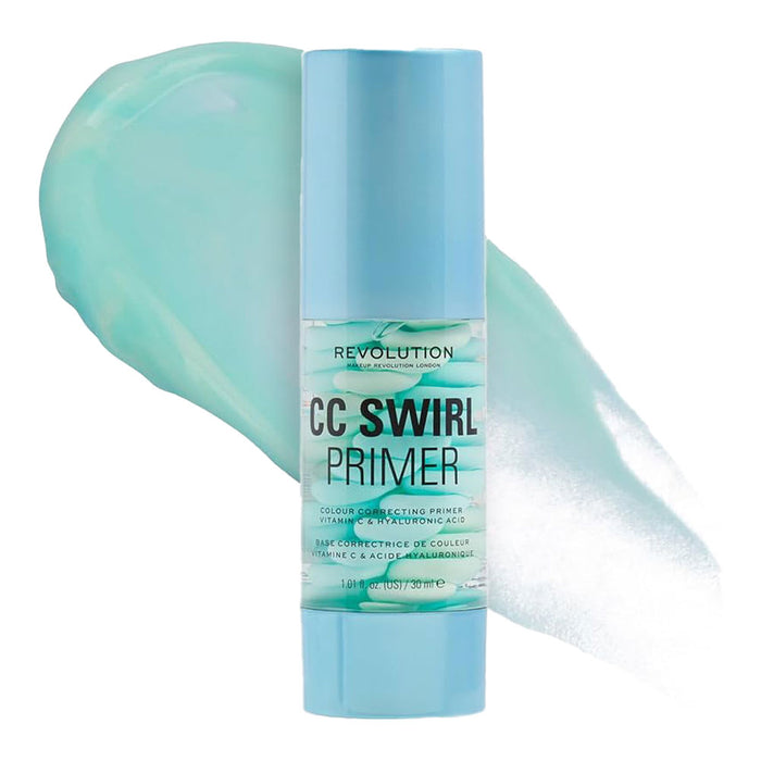 Revolution CC Swirl Primer swatch, colour-correcting primer, pore-blurring oil control, matte base – Blush Fiji