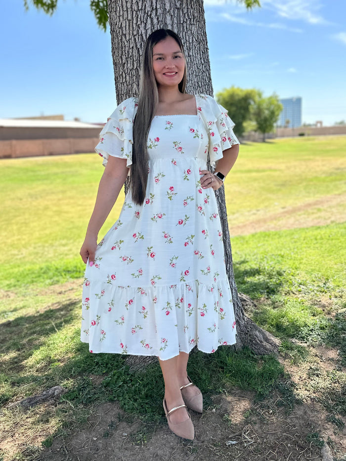 Rose Floral Tiered Flutter Sleeve Midi Dress