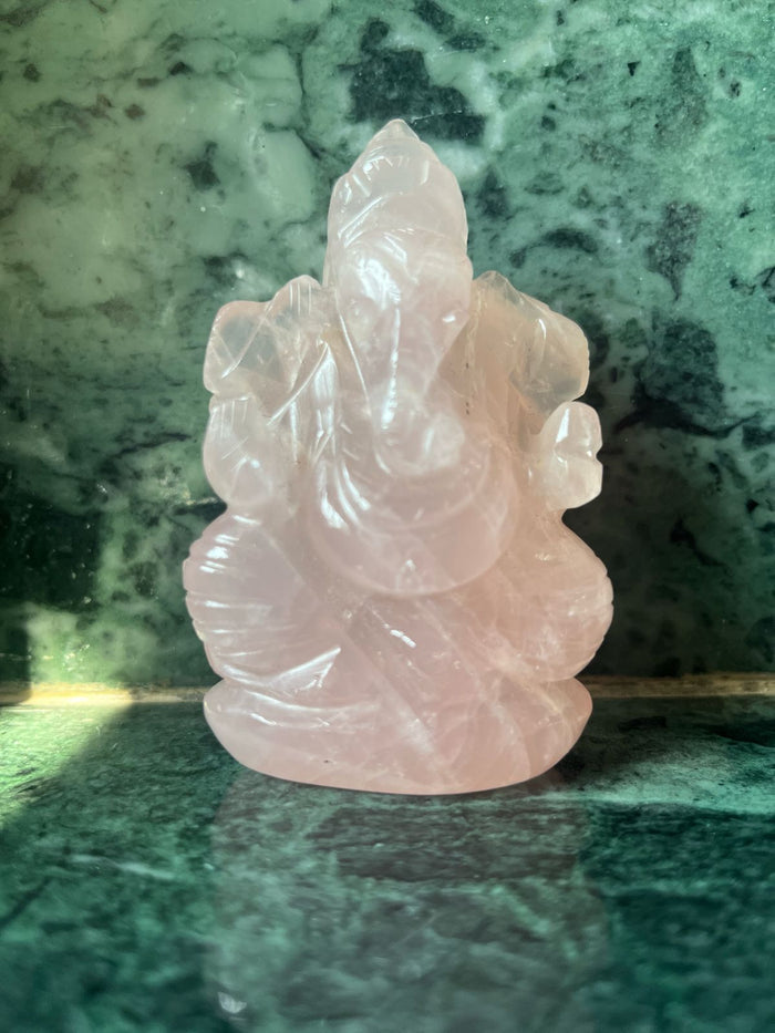 Rose Quartz Ganesha Handmade Carving - Lord Ganesha Idol | Sculpture in Crystals and Gemstones - ONE STATUE ONLY - Shwasam