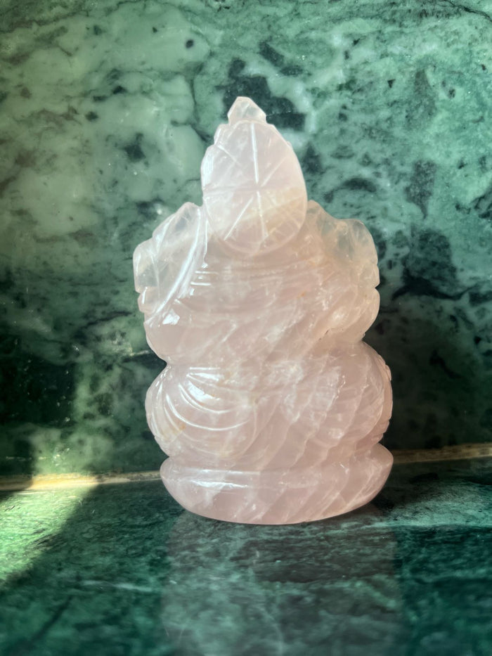 Rose Quartz Ganesha Handmade Carving - Lord Ganesha Idol | Sculpture in Crystals and Gemstones - ONE STATUE ONLY - Shwasam