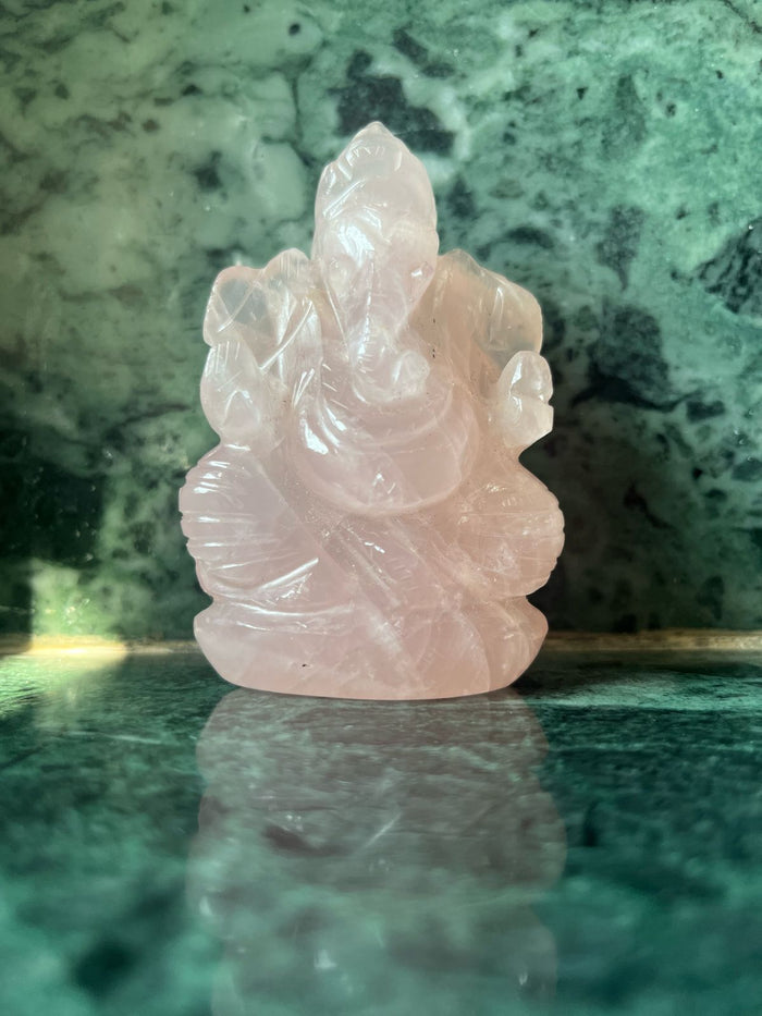 Rose Quartz Ganesha Handmade Carving - Lord Ganesha Idol | Sculpture in Crystals and Gemstones - ONE STATUE ONLY - Shwasam