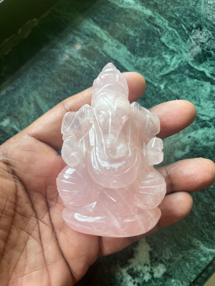 Rose Quartz Ganesha Handmade Carving - Lord Ganesha Idol | Sculpture in Crystals and Gemstones - ONE STATUE ONLY - Shwasam