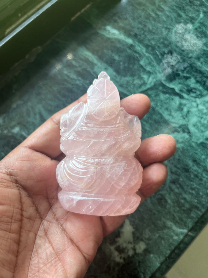 Rose Quartz Ganesha Handmade Carving - Lord Ganesha Idol | Sculpture in Crystals and Gemstones - ONE STATUE ONLY - Shwasam