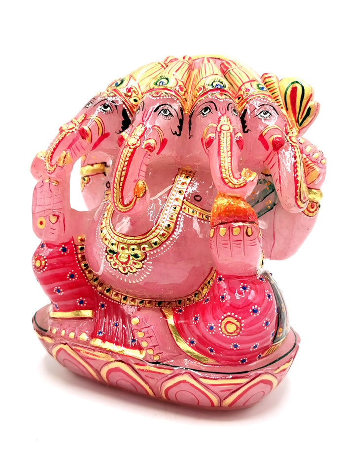 Rose Quartz Handmade Carving of Panchmukhi Ganesh with handpainting - Lord Ganesha Idol | Sculpture | Murti in Crystals and Gemstones - Reiki/Chakra/Healing - 6 inches and 2.64 kg (5.81 lb)