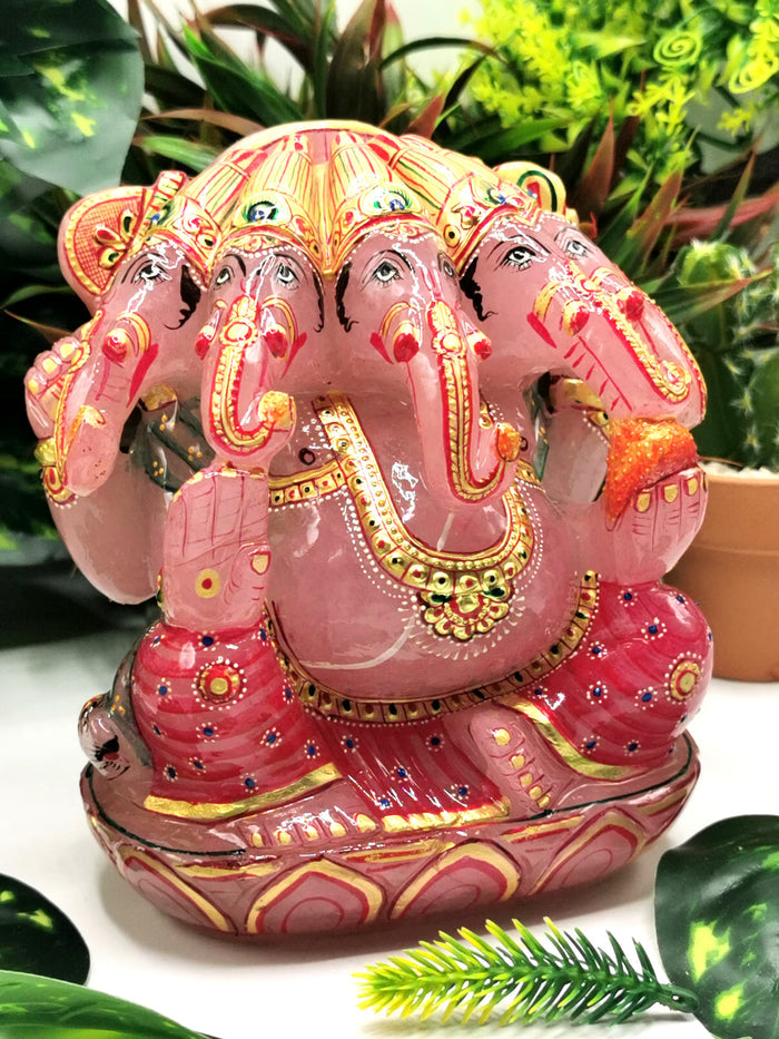 Rose Quartz Handmade Carving of Panchmukhi Ganesh with handpainting - Lord Ganesha Idol | Sculpture | Murti in Crystals and Gemstones - Reiki/Chakra/Healing - 6 inches and 2.64 kg (5.81 lb)