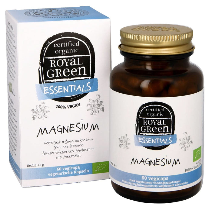 Royal Green Magnesium Bio 60 Capsules box and amber glass jar with gold lid on white background