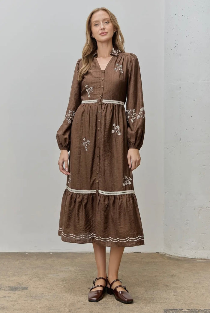 Ruth Floral Embroidered Button Front Dress