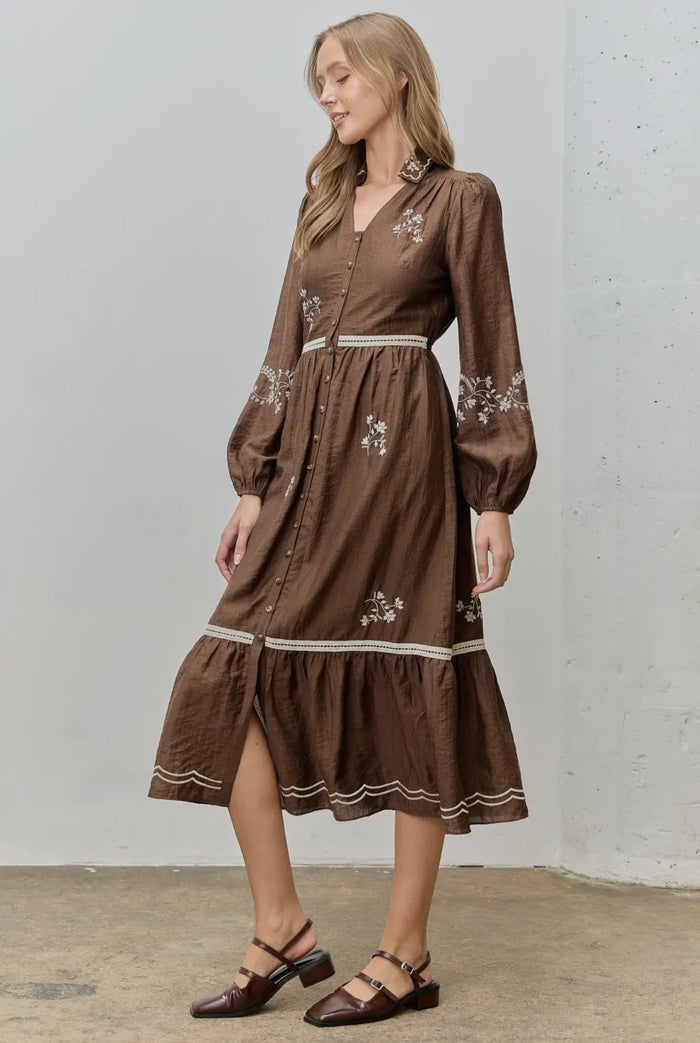 Ruth Floral Embroidered Button Front Dress