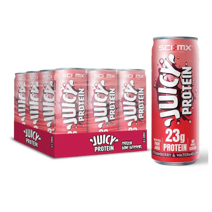SCI-MX Juicy Protein Strawberry & Watermelon 330ml cans, 12-pack case beside single can showing 23g protein, white background.