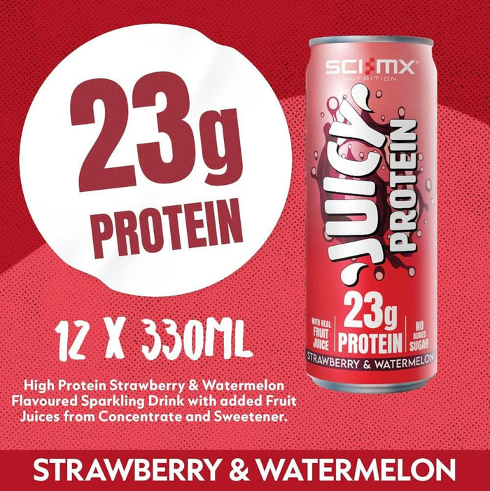 SCI-MX Juicy Protein Strawberry & Watermelon 330ml can showing 23g protein, 12x330ml, on a red background.