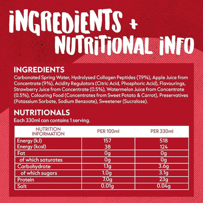 SCI MX Juicy Protein Sparkling Strawberry & Watermelon ingredients and nutritional info on red background, showing 23g protein per 330ml.