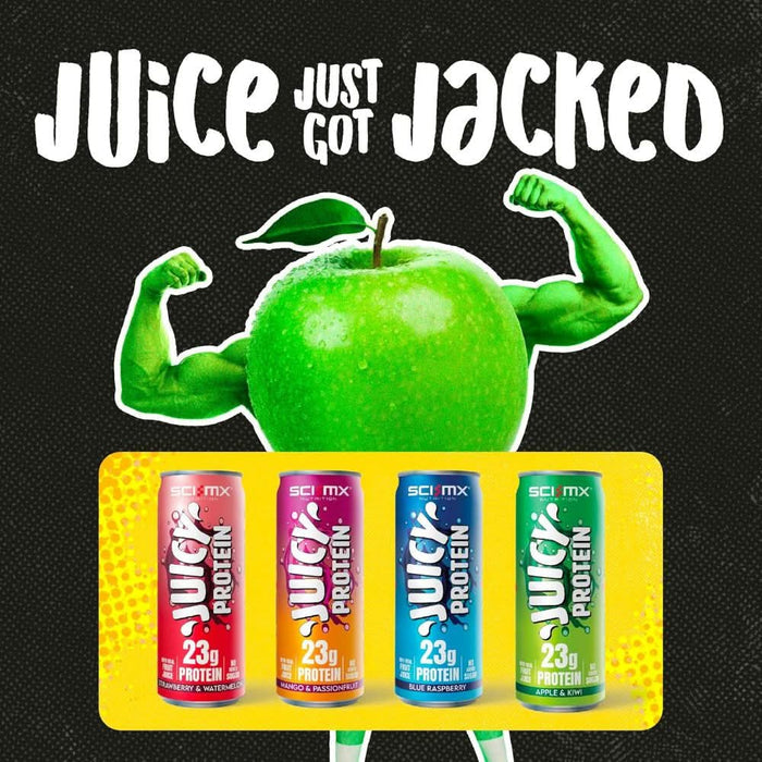 Four SCI-MX Juicy Protein cans showing 23g protein on yellow background, dark backdrop reads "Juice Just Got Jacked" with flexing apple graphic.
