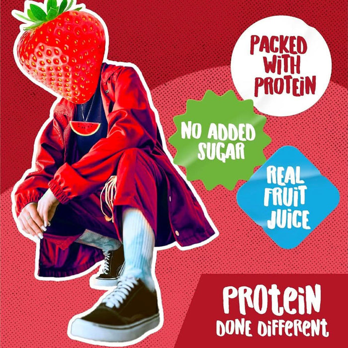 SCI MX Juicy Protein ad on red background; figure with strawberry head, text: "Packed With Protein, No Added Sugar, Real Fruit Juice, Protein Done Different"