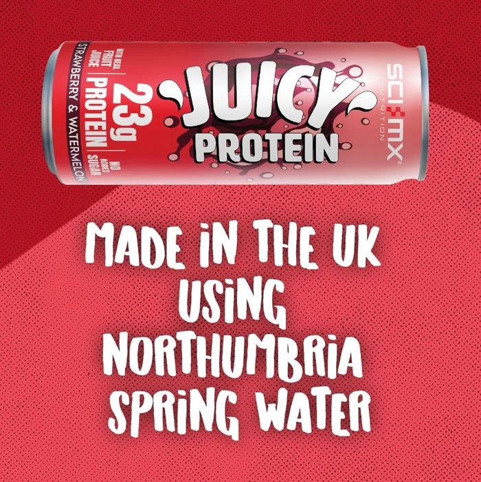 SCI MX Juicy Protein Strawberry & Watermelon can, 23g protein, on red background, text reads "Made in the UK using Northumbria Spring Water"