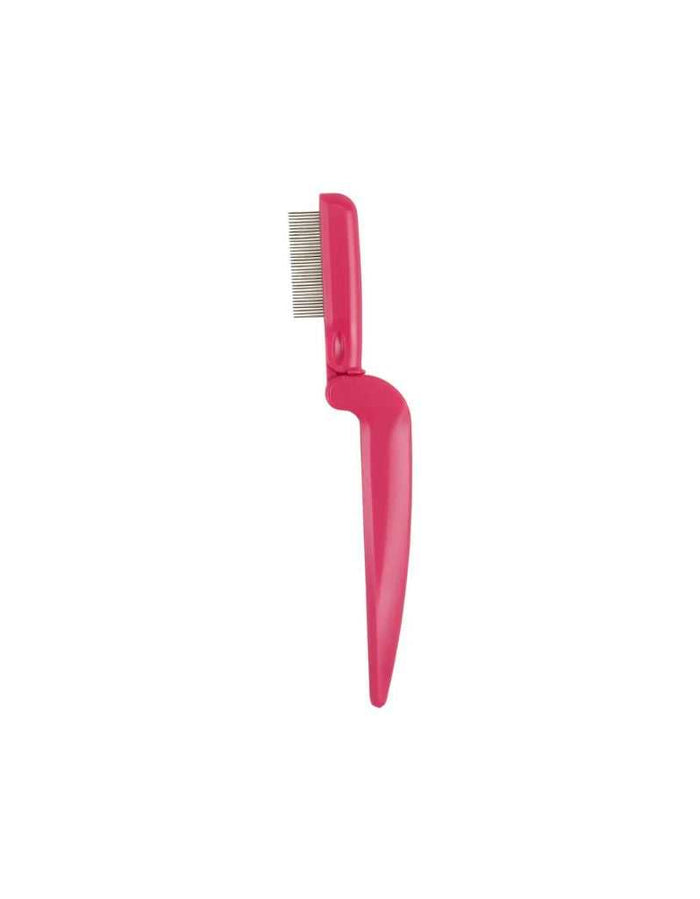 Pink folding lash pin comb with stainless steel pins for mascara clump removal