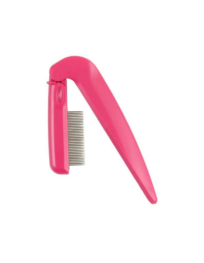 Close-up of pink folding lash comb with stainless steel pins for lash separation