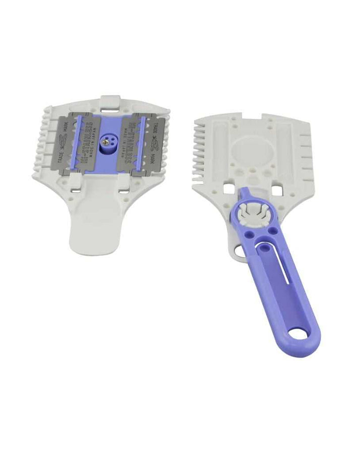 Disassembled haircutting razor with dual blade guards and blue handle