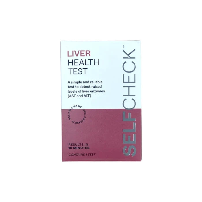 SELFcheck Liver Health Test box on white background, white and dark rose packaging, results in 10 minutes, contains 1 test