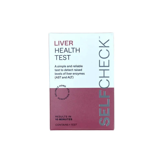 SELFcheck Liver Health Test box on white background, white and dark rose packaging, results in 10 minutes, contains 1 test