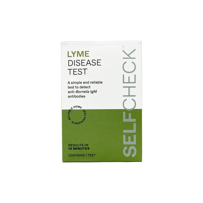 SELFcheck Lyme Disease Test box, white and green packaging, text reads "Results in 10 Minutes, Contains 1 Test", on white background.