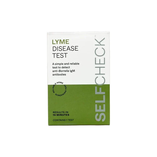 SELFcheck Lyme Disease Test box, white and green packaging, text reads "Results in 10 Minutes, Contains 1 Test", on white background.