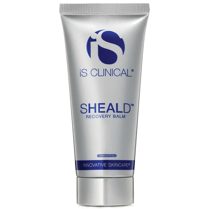 Silver tube of iS Clinical SHEALD Recovery Balm with blue logo and text on white background