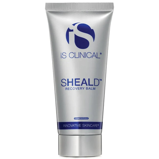 Silver tube of iS Clinical SHEALD Recovery Balm with blue logo and text on white background