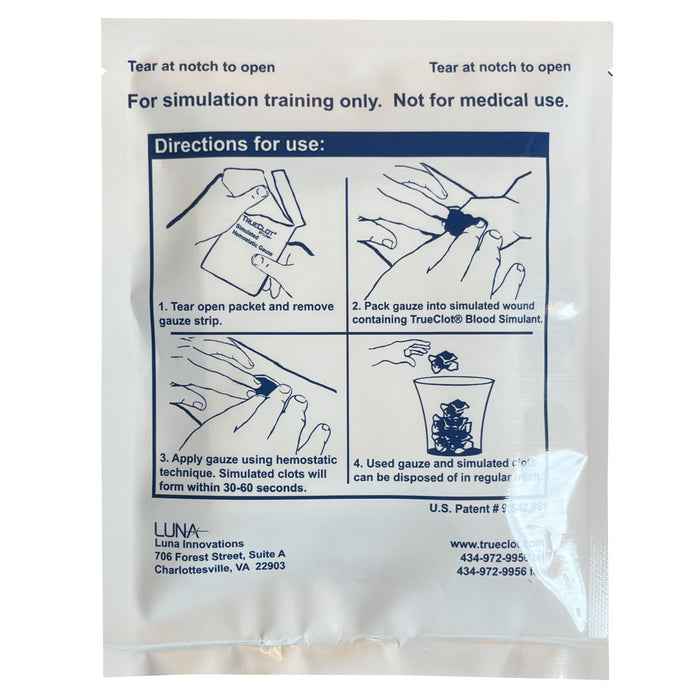 Simulated Hemostatic Gauze, back of packaging