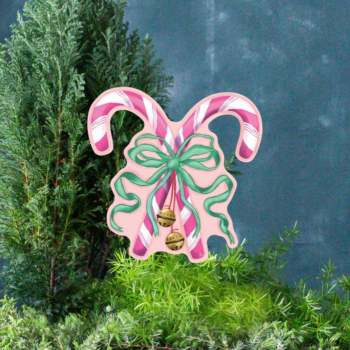 Songbird Grove Collection - Mini Pink Crossed Candy Canes with Green Bow Garden Stake