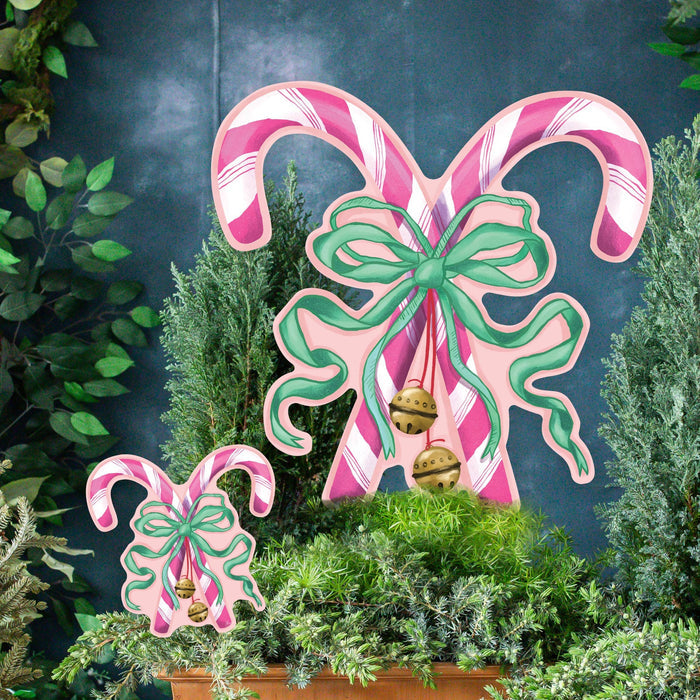 Songbird Grove Collection - Mini Pink Crossed Candy Canes with Green Bow Garden Stake