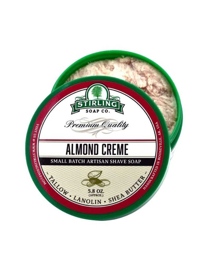 Stirling Almond Creme Shave Soap tin with marzipan scent, 5.8oz, in green and red packaging