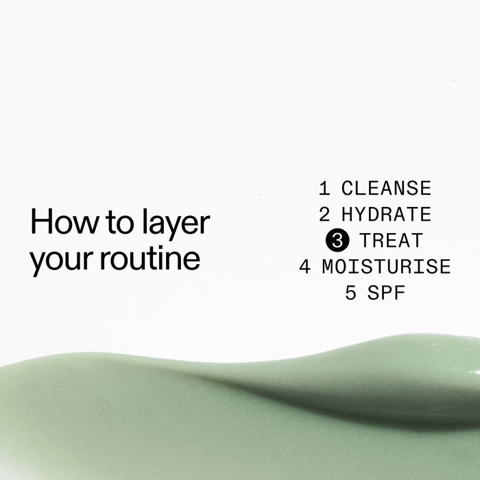 Text on a white background with green skincare product, 'How to layer your routine' guide.