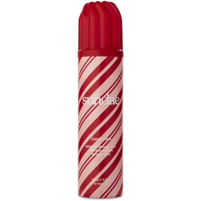 Sundae Candy Cane Shower Foam 265ml can with red and pink diagonal stripes and red ridged cap on white background