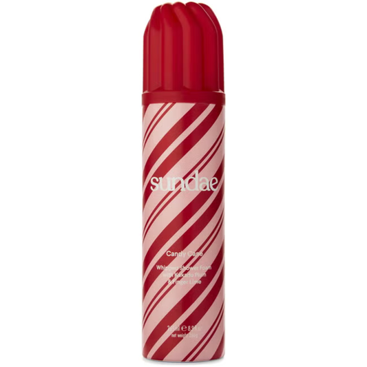 Sundae Candy Cane Shower Foam 265ml can with red and pink diagonal stripes and red ridged cap on white background