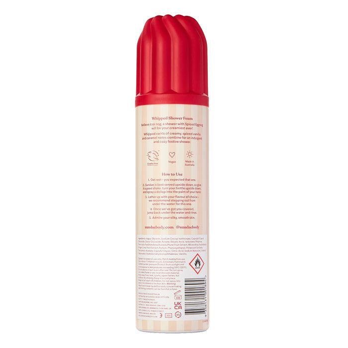 Sundae Egg Nog Shower Foam 265ml back label showing ingredients and how-to-use text, red cap, white background.