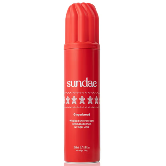 Sundae Gingerbread Whipped Shower Foam 265ml in a red aerosol can with gingerbread man motifs on a white background.