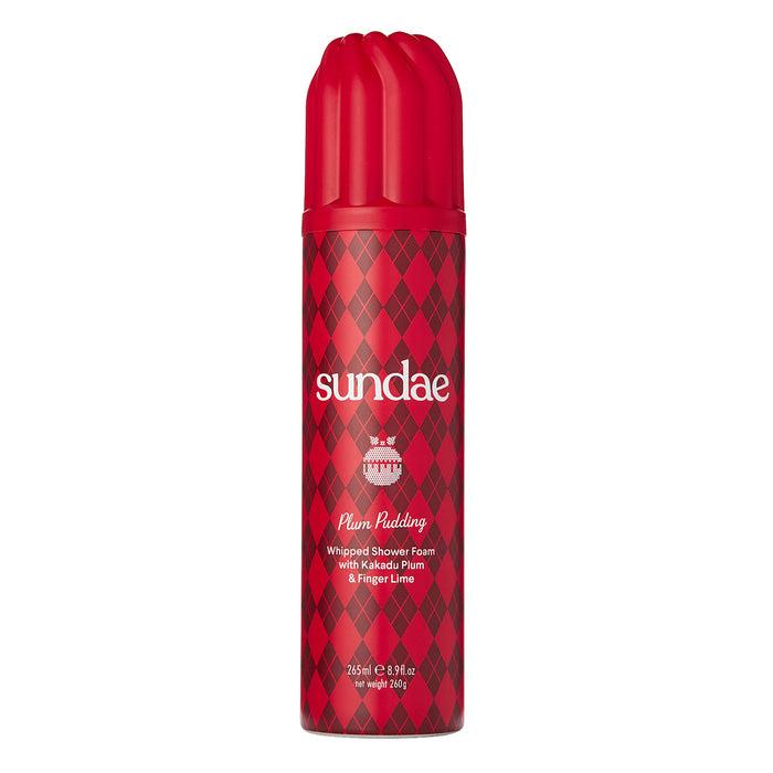 Sundae Plum Pudding Whipped Shower Foam 265ml in red argyle can with sculpted red cap on white background