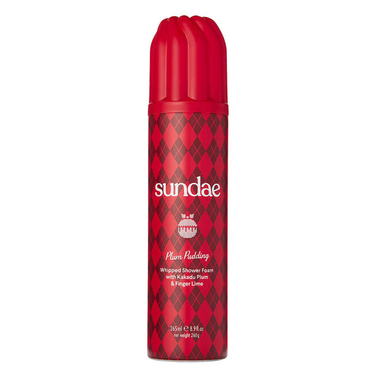 Sundae Plum Pudding Whipped Shower Foam 265ml in red argyle can with sculpted red cap on white background