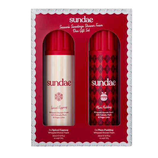 Sundae Season's Sweetings Shower Foam Duo Gift Set in red box with Spiced Eggnog and Plum Pudding cans 265ml each