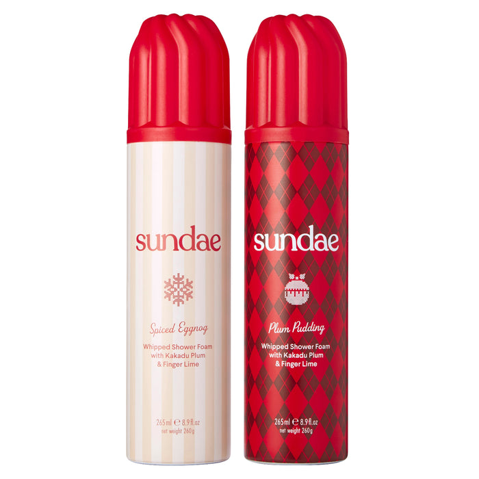 Sundae Plum Pudding and Spiced Eggnog Shower Foam Duo 265ml cans with red caps on white background.