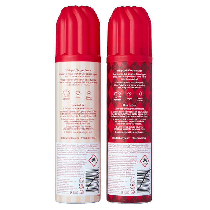 Two Sundae Plum Pudding and Spiced Eggnog Shower Foam cans, back view, red caps, one cream-striped, one red argyle pattern, white background.