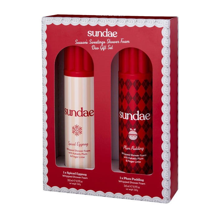 Sundae Season's Sweetings Shower Foam Duo Gift Set in red box with Spiced Eggnog and Plum Pudding 265ml cans, white background.